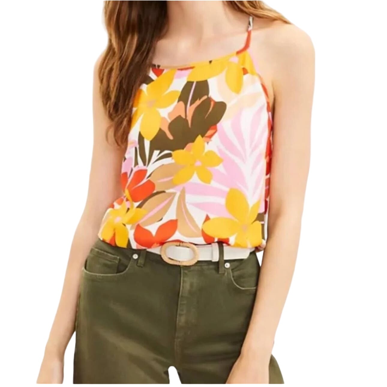 Loft Tropical Bright Colorful Pink Yellow Floral Print Halter Blouse Size Small